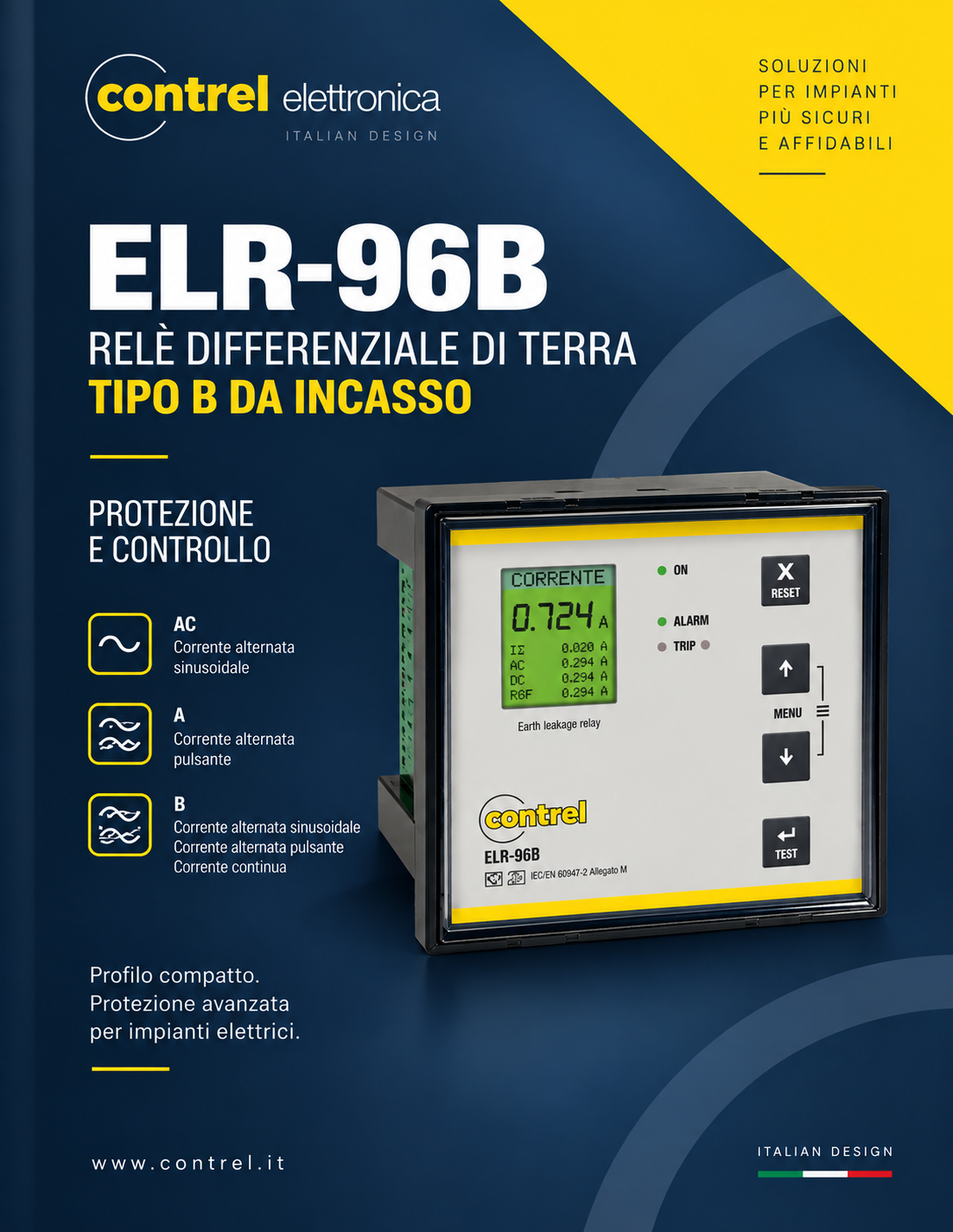 ELR-96B, relè differenziale Tipo B per protezione e monitoraggio (ITA)