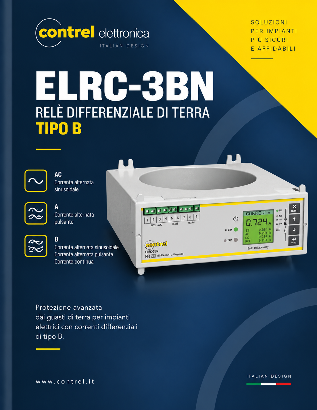 ELRC-3BN, relè differenziale Tipo B con toroide incorporato per protezione e monitoraggio
