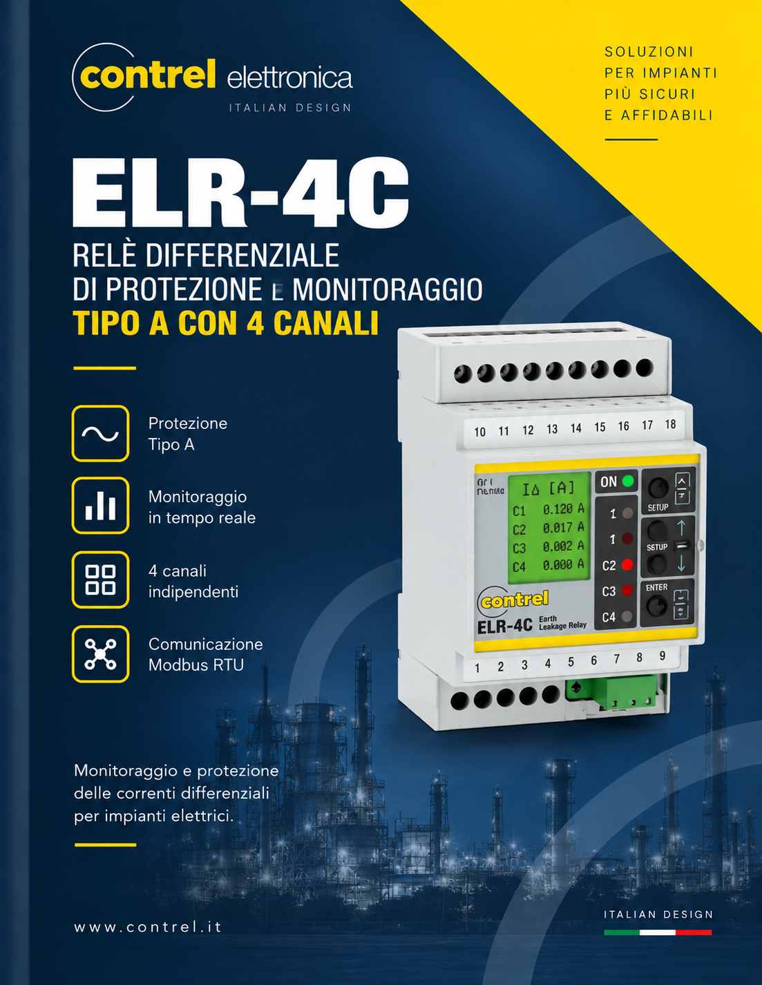 ELR-4C, relè differenziale Tipo A a 4 canali per protezione e monitoraggio (ITA)